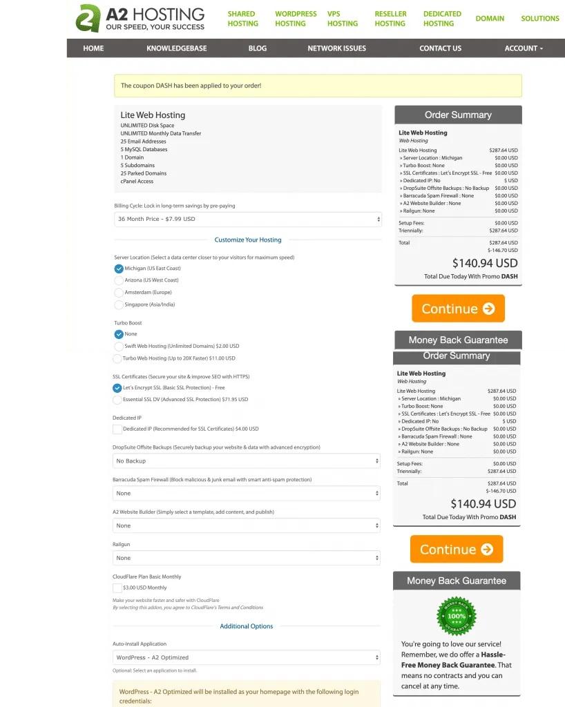 a2 hosting checkout page