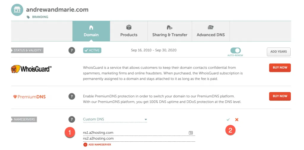 change dns to a2hosting